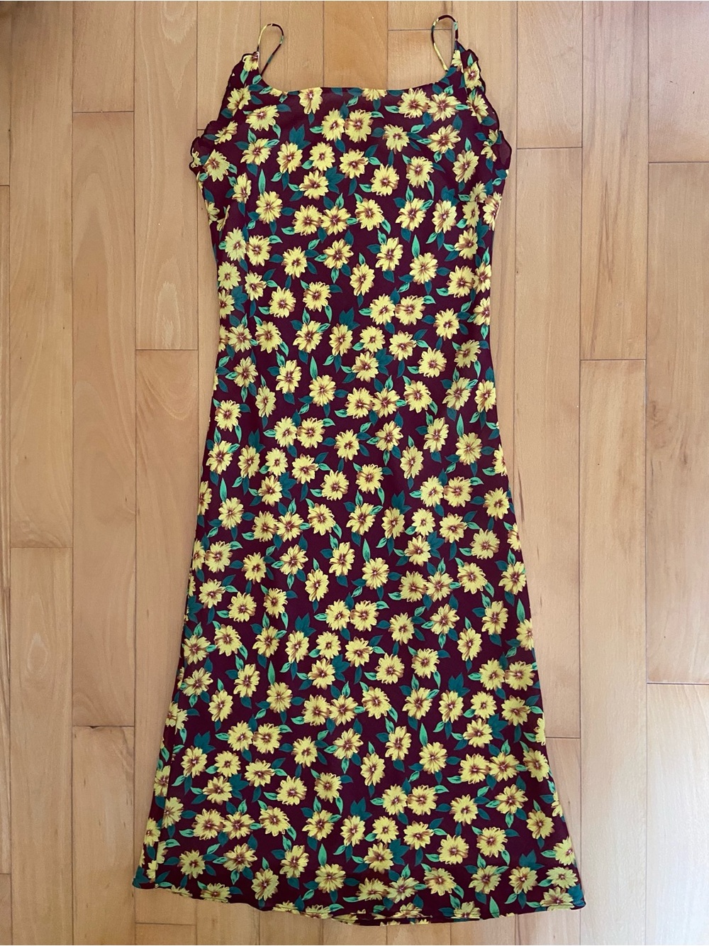 Burgundy Sunflower Midi Slip Dress with Adjustable Straps